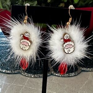 Red Crystal Beads White Fluffy Pompom Christmas Drop Earrings.